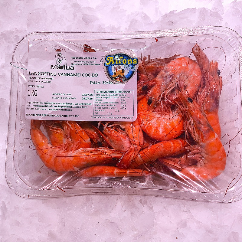 Langostino Cocido Grande 30/40 | Pescado a Casa Langostino cocido grande 30/40, formato de 1 kg. Listo para consumir, ideal para aperitivos, mariscadas y celebraciones. Compra online en Pescado a Casa.